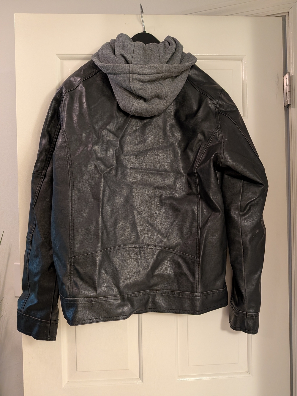 Guess Black Faux Leather Bomber with Gray Hood